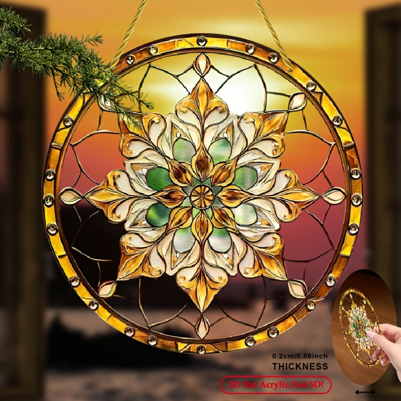 Bohemian Golden Flower Acrylic Sun Catcher Round Indoor Outdoor Wall Decor