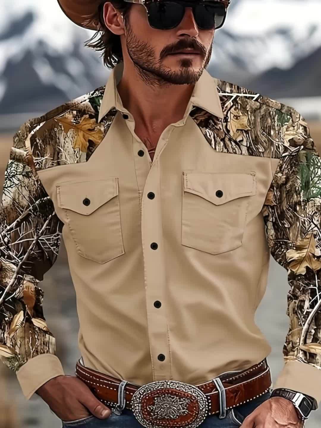 Mens Khaki Long Sleeve Shirt Camouflage Patchwork RegularFit