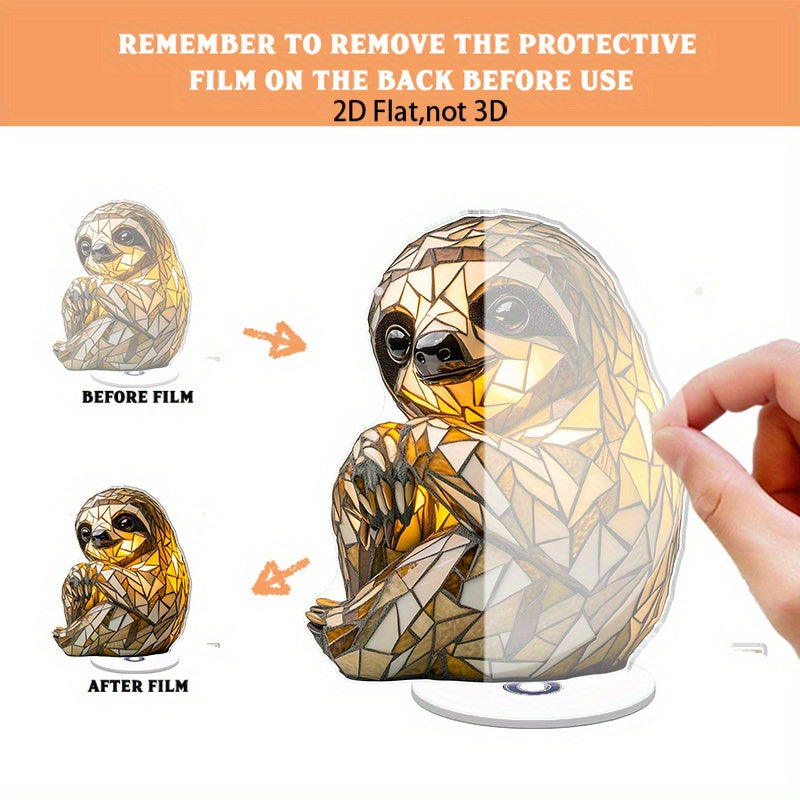 2D Flat Acrylic Tabletop Display Plaque, A Mosaic-Style Sloth-Shaped Table Lamp With Warm Light, Rotatable, With Base