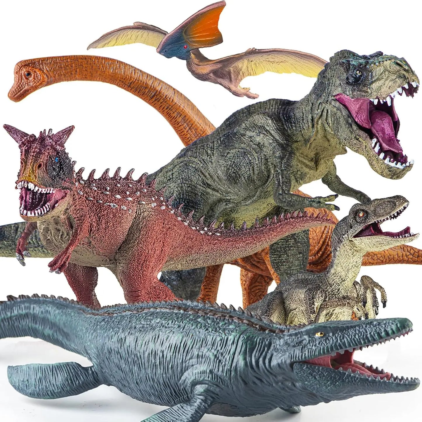 6 Pack Big Dinosaur Toys Set Realistic T Rex Carnotaurus Velociraptor Mosasaurus
