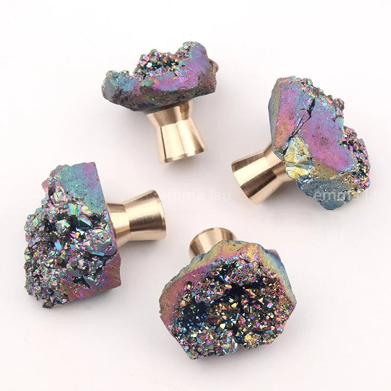 New Natural Crystal Stone Knob Brass Base Drawer Pull Handle