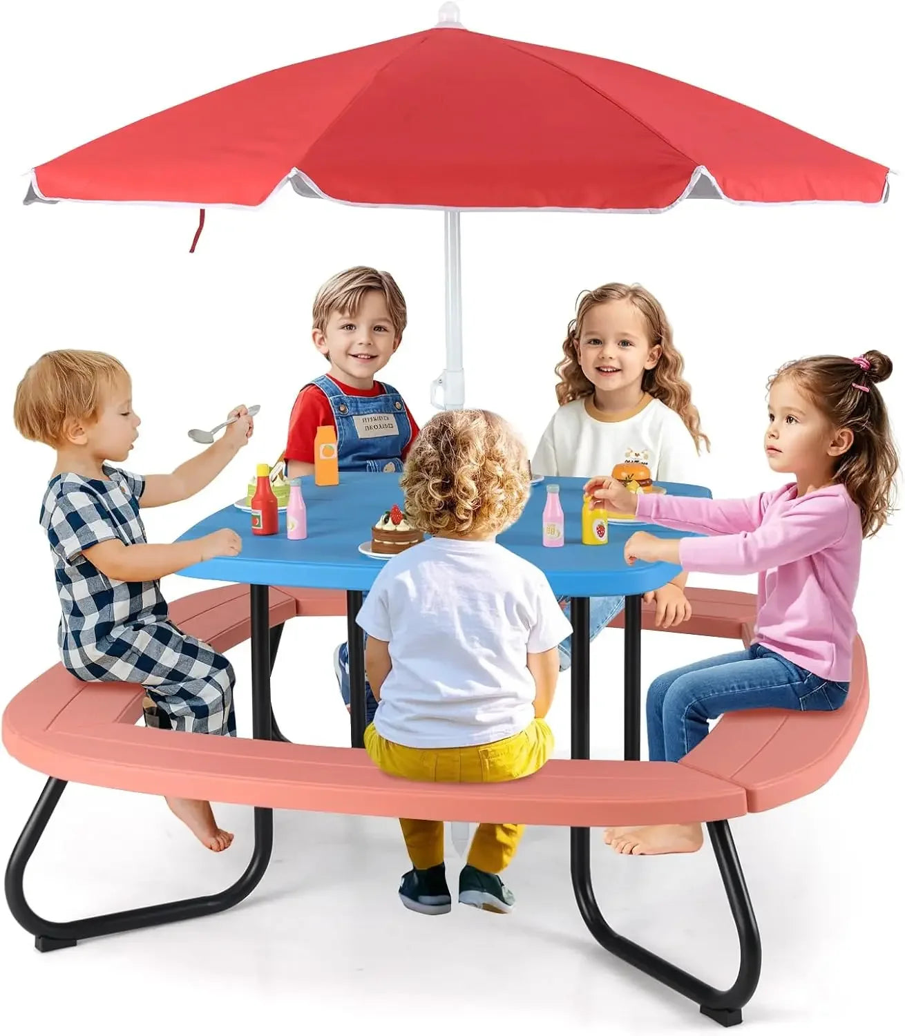 Kids Picnic Table, 8 Person Toddler Outdoor Table and Chair Set, 4 Built-in Benches, Removable Umbrella, Metal Frame