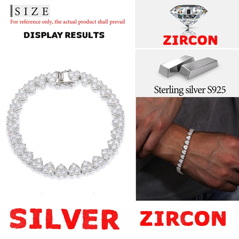 Unisex 3mm-5mm Heart 3 Row Tennis Moissanite Bracelet 925 Silver For Women Men Hip Hop Jewelry