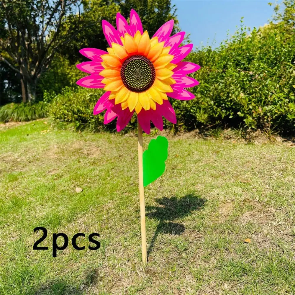 Colorful Sunflower Windmill Wind Turbine Wooden Pole Plug-in Windmill Camping Picnic Lawn Party Decoration