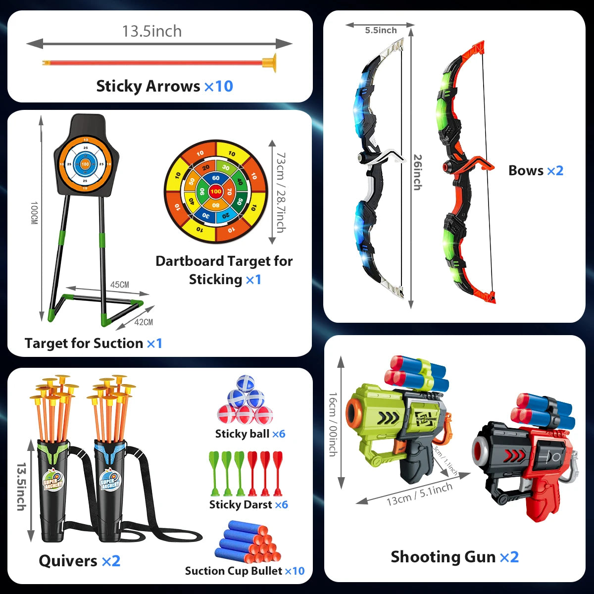 VATOS 2X Bow Arrow + Guns Toy For Kids LED Light Up Archery with Suction Cup Stand Target Dart Board Indoor Outdoor Game Toys
