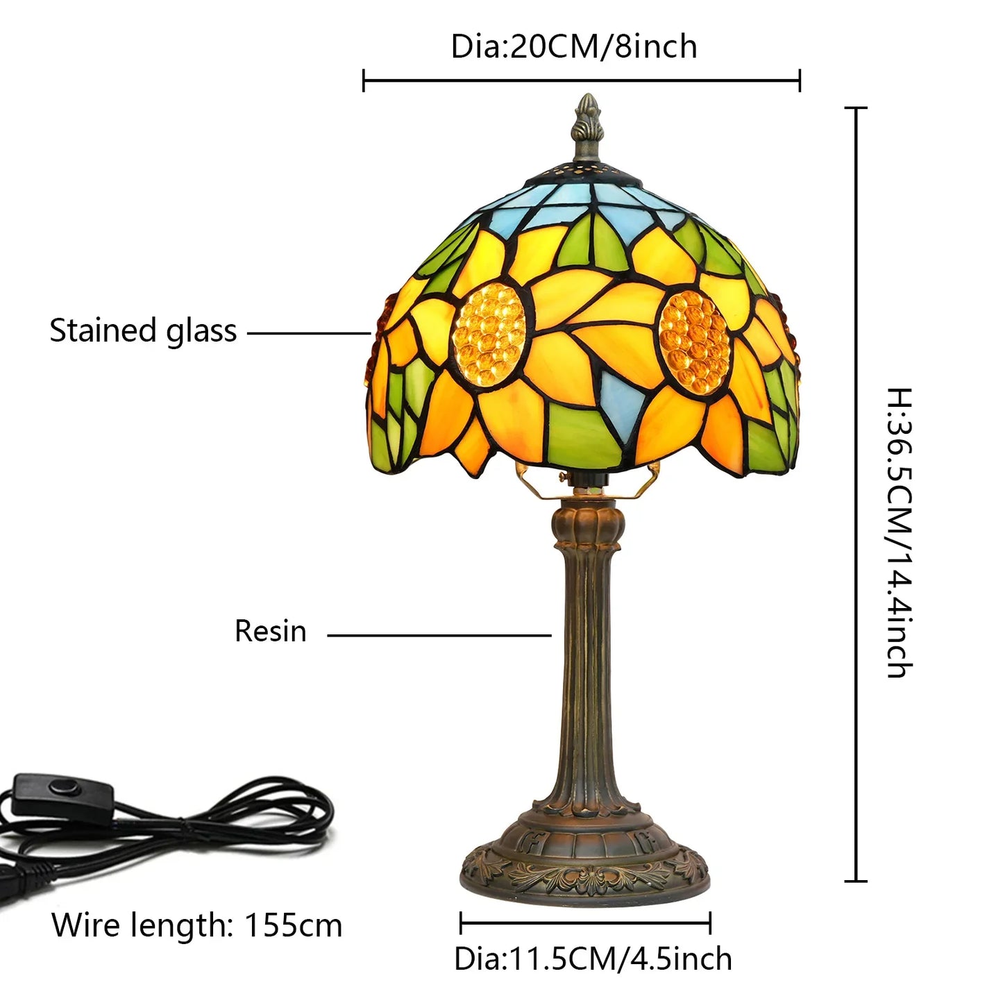 8inch 20cm Tiffany Desk Light Stained Glass Dragonfly Lampshade Bedside Table Lamp for Bedroom Living Room Lampara Mesita Noche