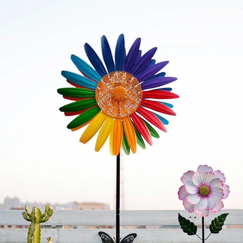 Enchanting Courtyard Sunflower Windmill Vibrant Iron Art Hand-painted Spinner Decorative Garden Ground Stake Climbing Support