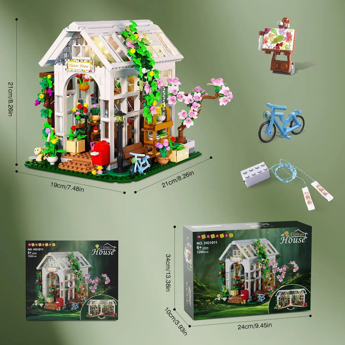 HOGOKIDS Flower House Building Set with LED-Toy with Flowers Plants Parrot Cat Animals Playset Greenhouse Gift for Adults Teens
