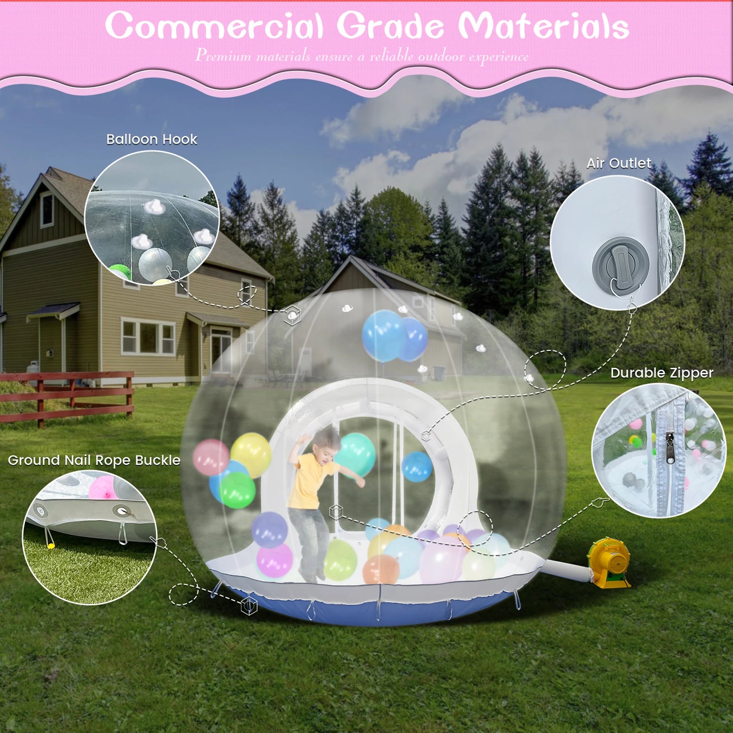 Inflatable 3M 10FT PVC Bubble House for Children Outdoor Commercial Castle with 1100W Air Blower and 100 Balloons