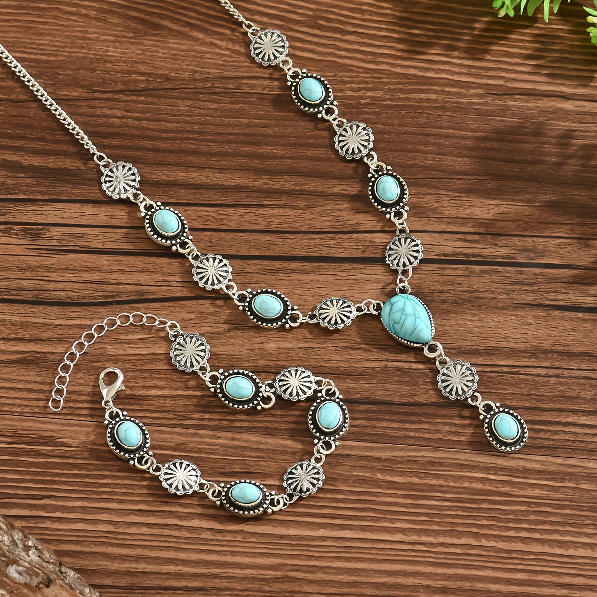 A Set of 2 Women'S Bracelets And a Necklace Featuring a Vintage Bohemian Y-Shaped Design Inlaid with Faux Turquoise, Perfect for Everyday Gifting And Unique Party Jewelry.
