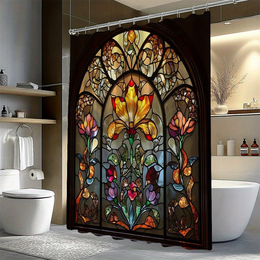 Floral Bath Curtain Stained Glass Lily Design Gothic Window Vibrant Colors