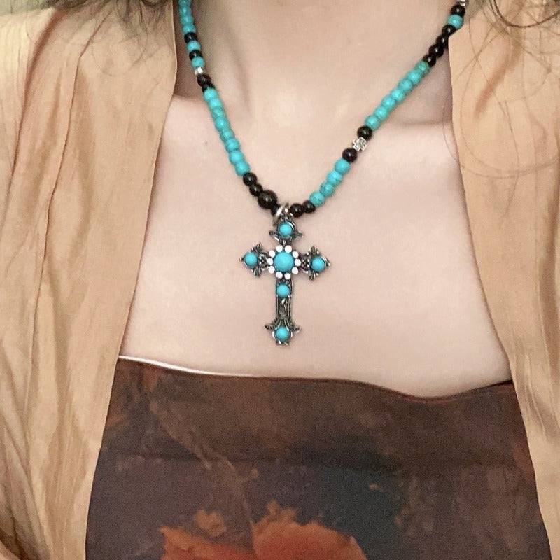 Women'S Turquoise Cross Beaded Necklace - Elegant Religious Jewelry with Cross Pendant, Everyday & Party Necklace for Valentine'S Gift, Birthday, Anniversary - Year-Round Layering Chain for Women, Special Occasion Accessory,