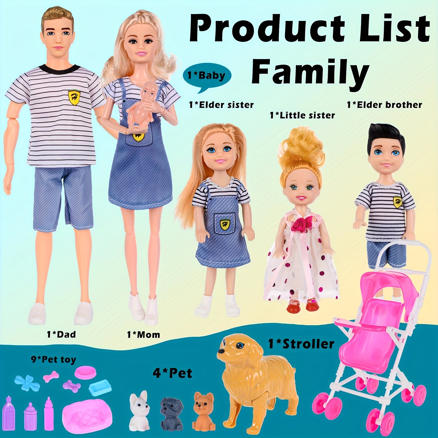 Family Doll Set With Six Dolls And Pets For Kids 3 Up