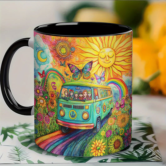 Retro Hippie Van Ceramic Coffee Mug with Sun, Moon and Flowers Design