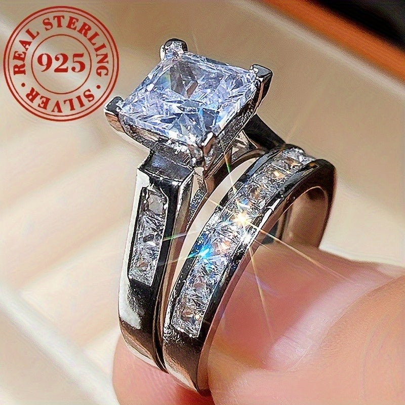 Womens Square Moissanite Ring Set 925 Silver Engagement Gift