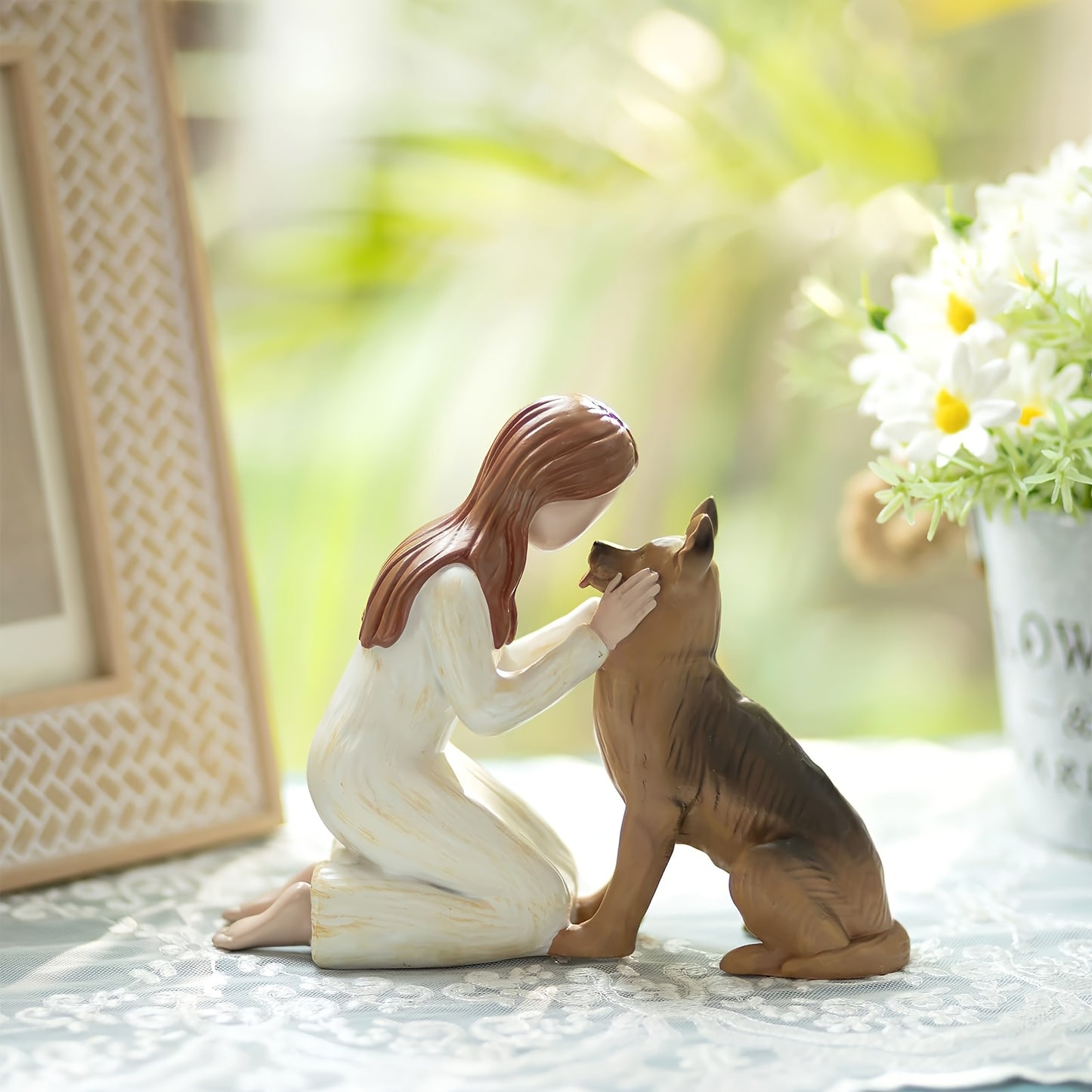 Resin Cherubic Girl With German Shepherd Sculpture Friendship Decor Gifts