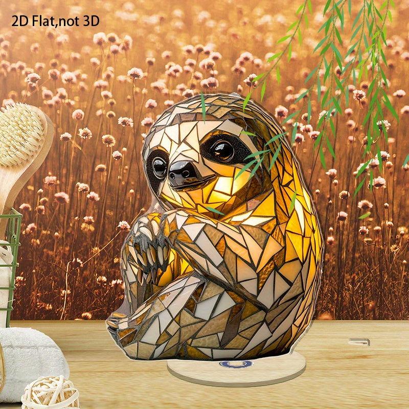 2D Flat Acrylic Tabletop Display Plaque, A Mosaic-Style Sloth-Shaped Table Lamp With Warm Light, Rotatable, With Base
