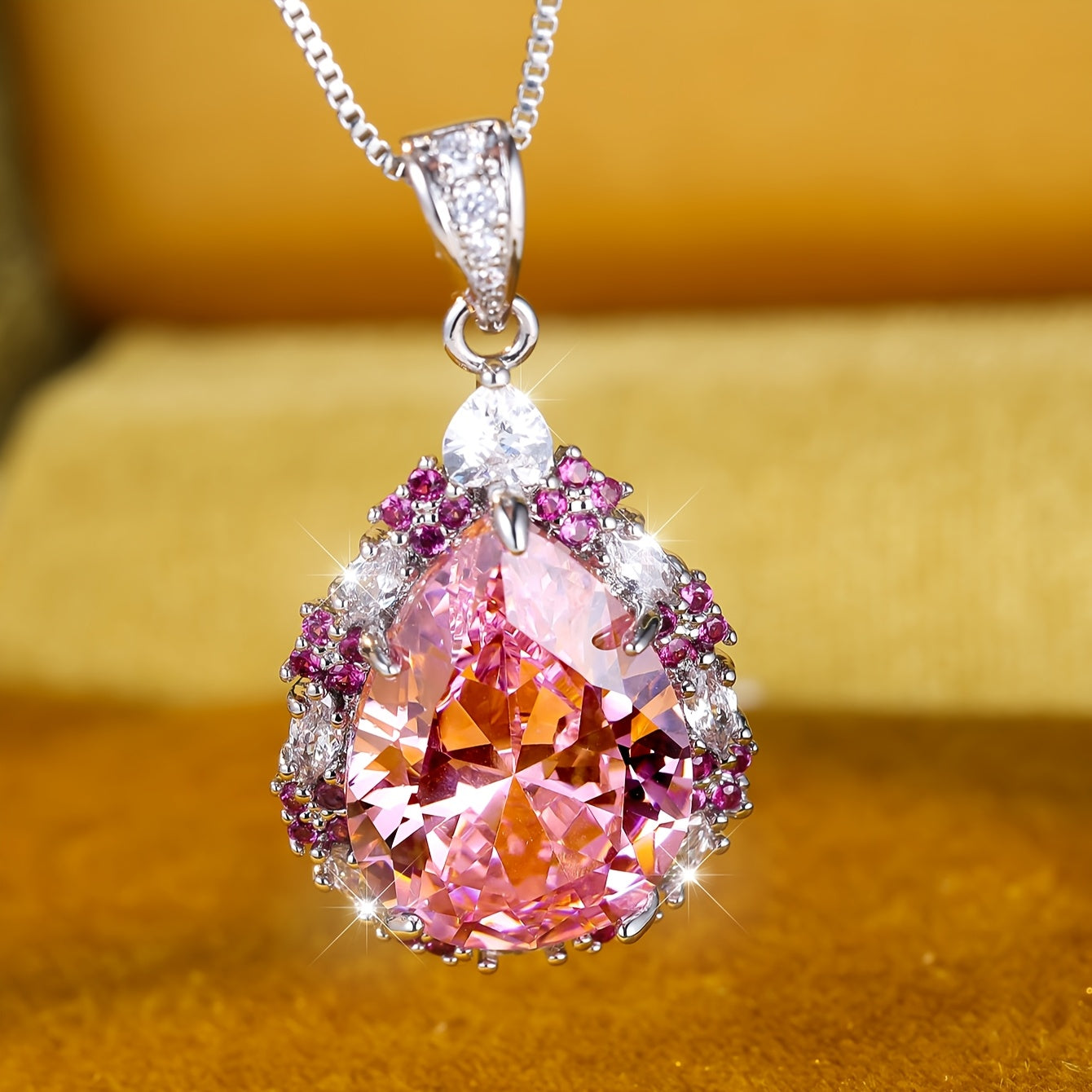 Angol Pink Teardrop Zirconia Pendant Necklace For Women