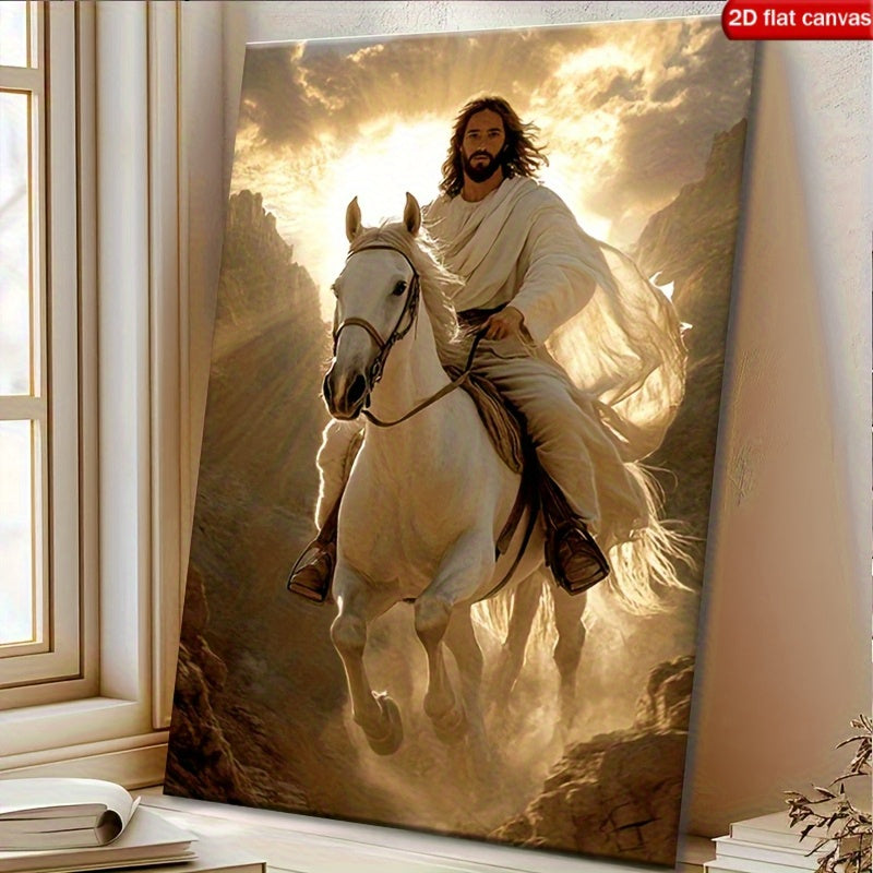 Majestic Jesus On White Horse Canvas Art Print With Frame