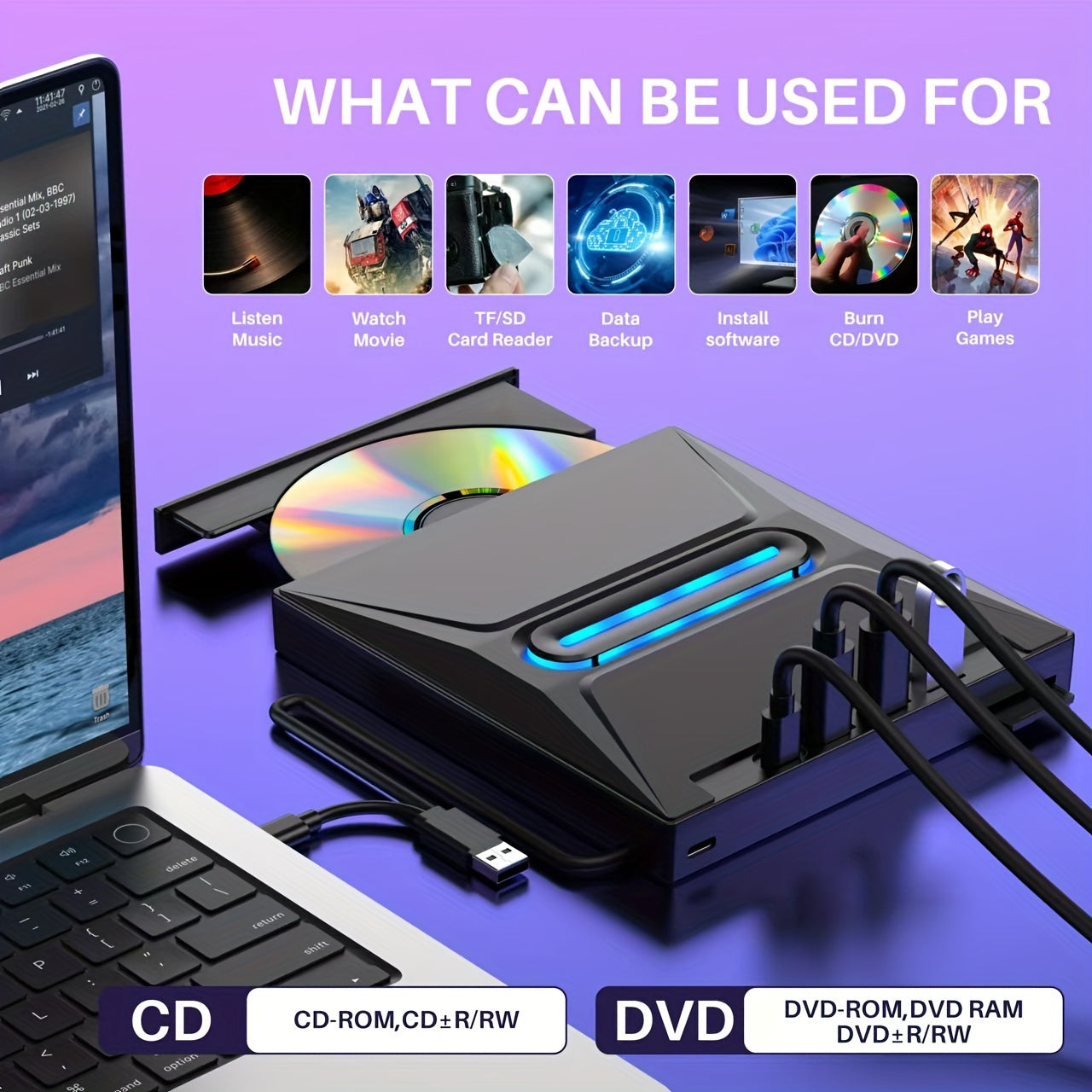 New 8 In 1 USB 3 0 External CD DVD Drive Type C Portable