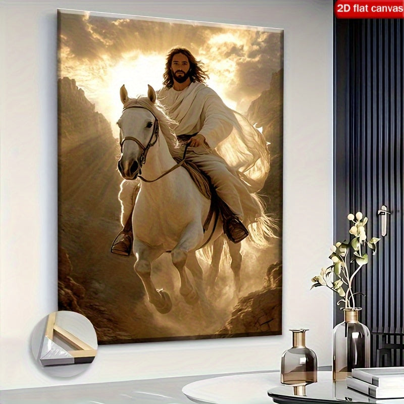 Majestic Jesus On White Horse Canvas Art Print With Frame