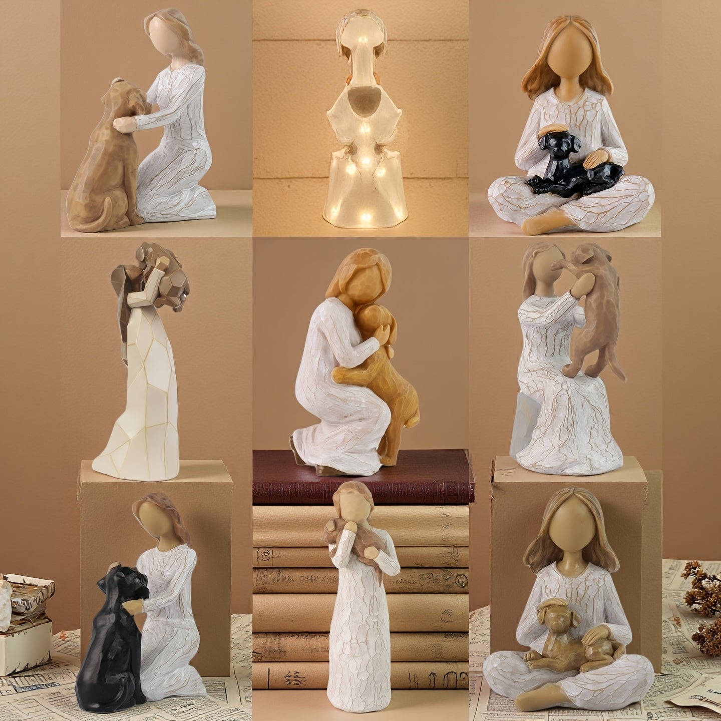 Surprise Box Woman And Dog Statue Hand Painted Resin Sculpture Desk Decor Gift