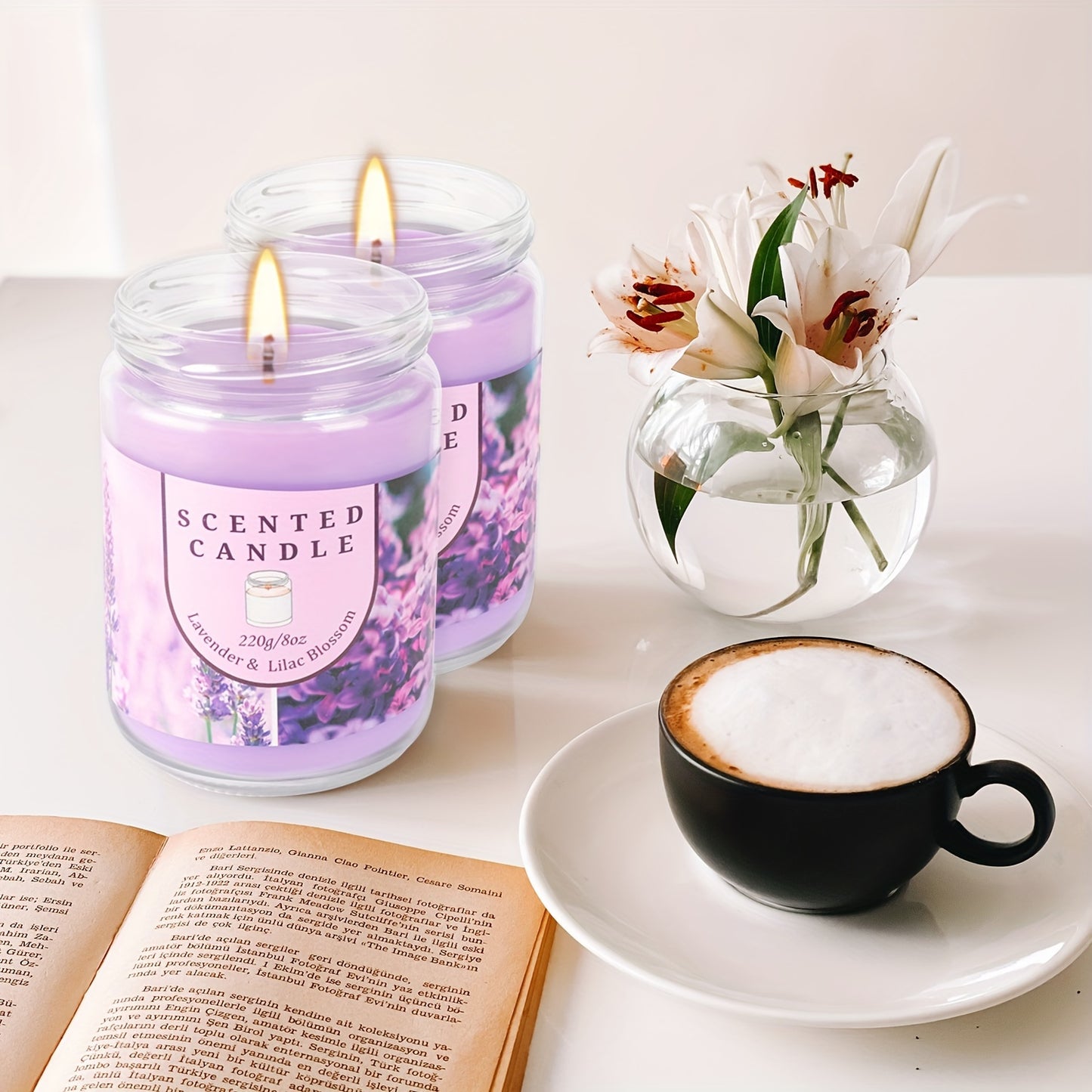 Two Purple Glass Jars Scented Candles Gift Set Elegant