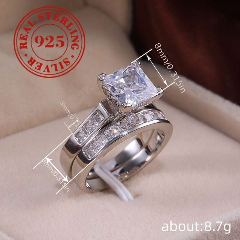Womens Square Moissanite Ring Set 925 Silver Engagement Gift