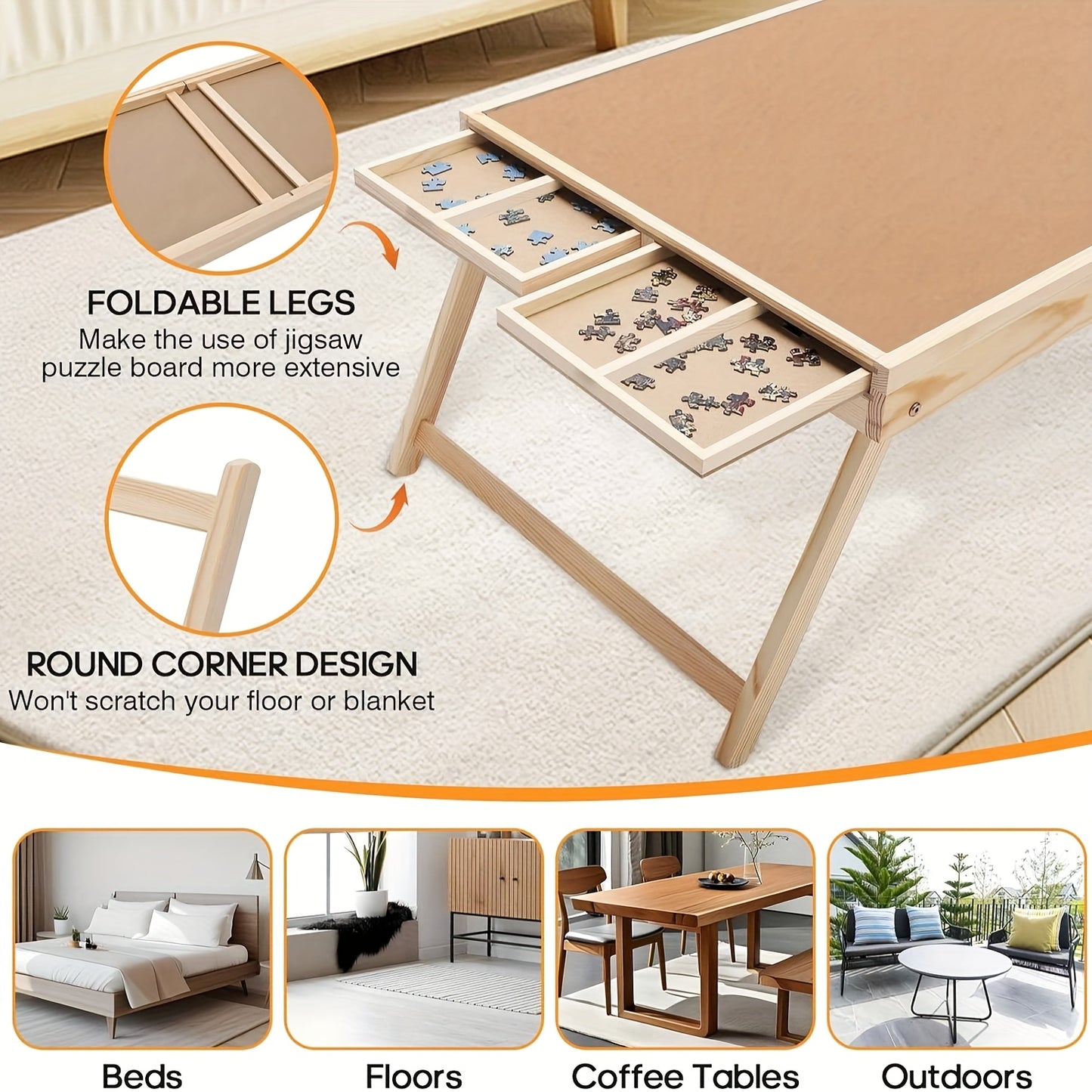 Puzzle Table with Folding Legs, Wooden Puzzle Table with 4 Drawers And 16 Grids, Portable Enlightenment Board for Storage And Sorting - 1000pcs Puzzle Table School Supplies