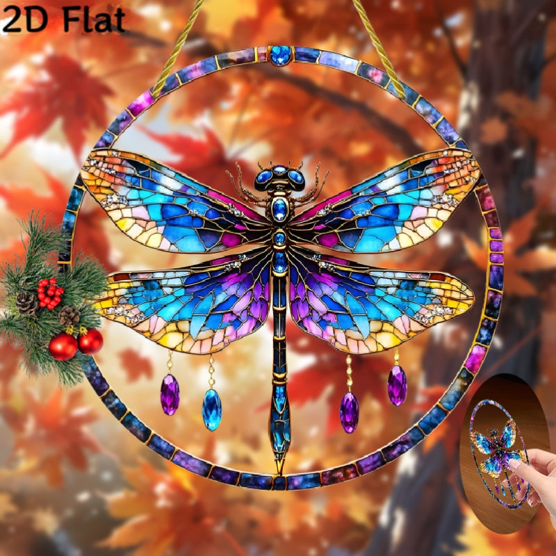 8x8 Inch Plastic Dragonfly Suncatcher Hanging Ornament With Golden Accents
