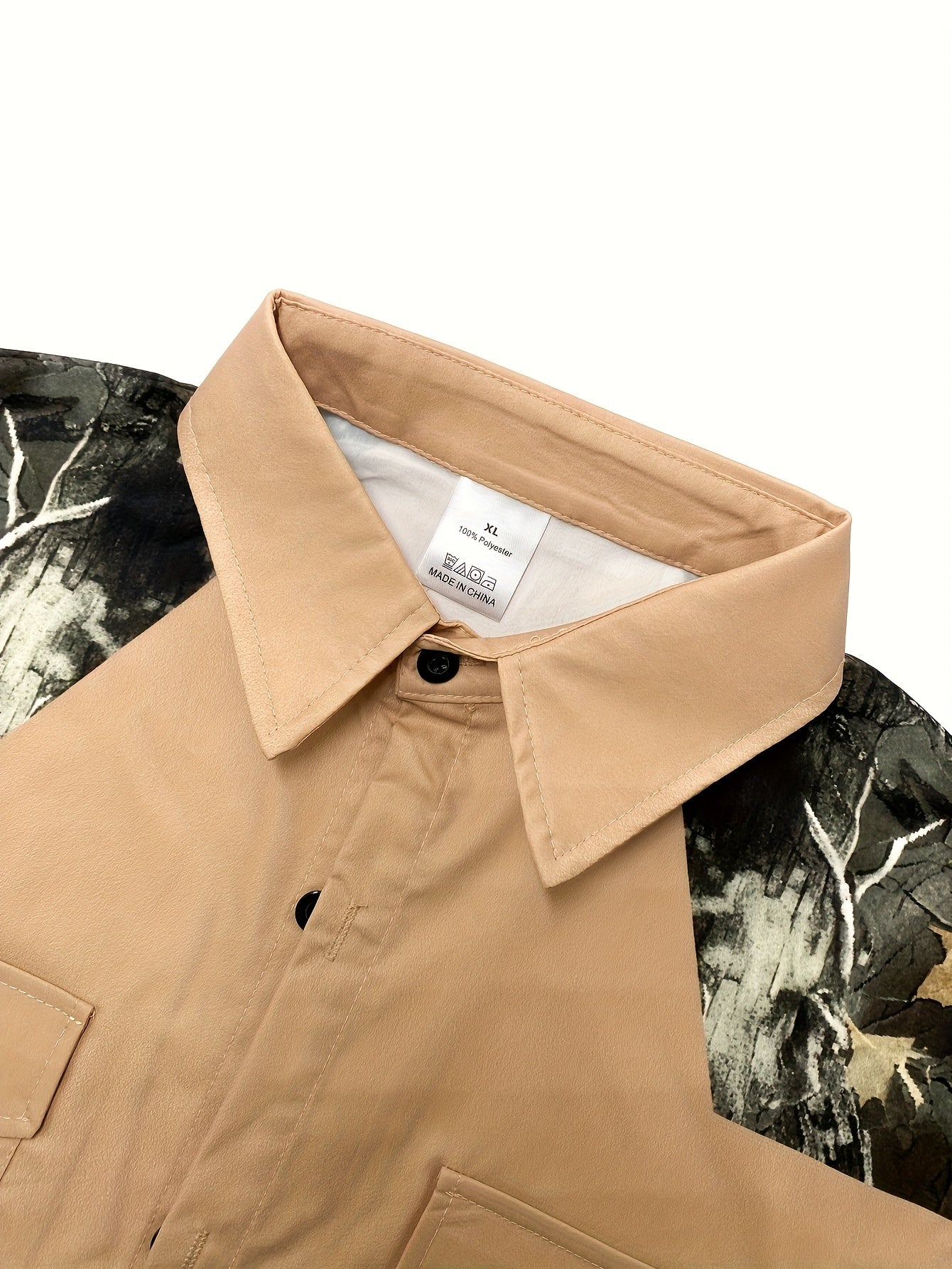 Mens Khaki Long Sleeve Shirt Camouflage Patchwork RegularFit