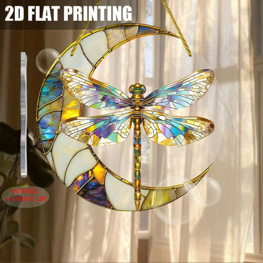 Acrylic Crescent Moon And Dragonfly Suncatcher 8x8 Inch Stained Glass Style Hanging Decor For Home And Holidays