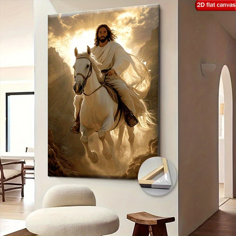 Majestic Jesus On White Horse Canvas Art Print With Frame