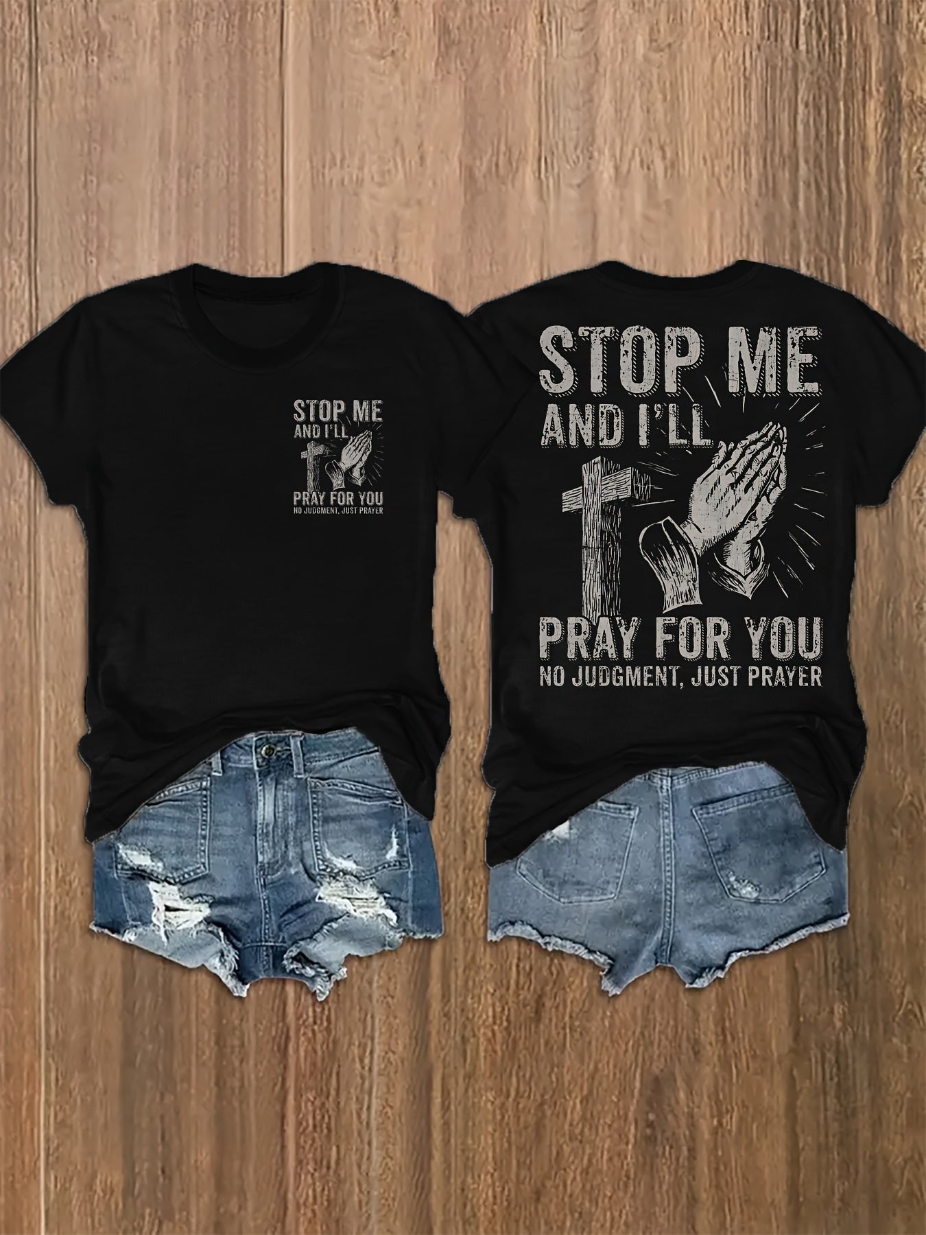 Womens Christian Faith Graphic Tee Cross Prayer Hands