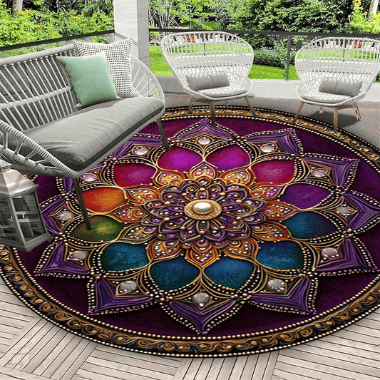 Vibrant Mandala Round Mat Non Slip Machine Washable Floral Purple Blue Green
