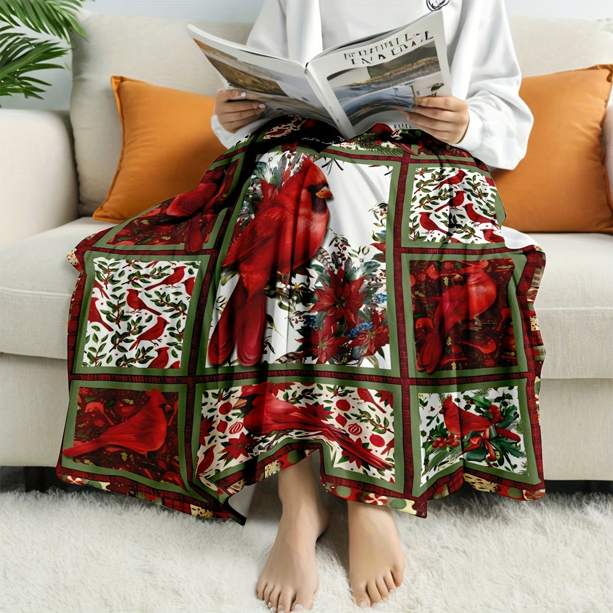 Cozy Red Cardinal Plaid Flannel Blanket Soft Plush Throw With Floral Design