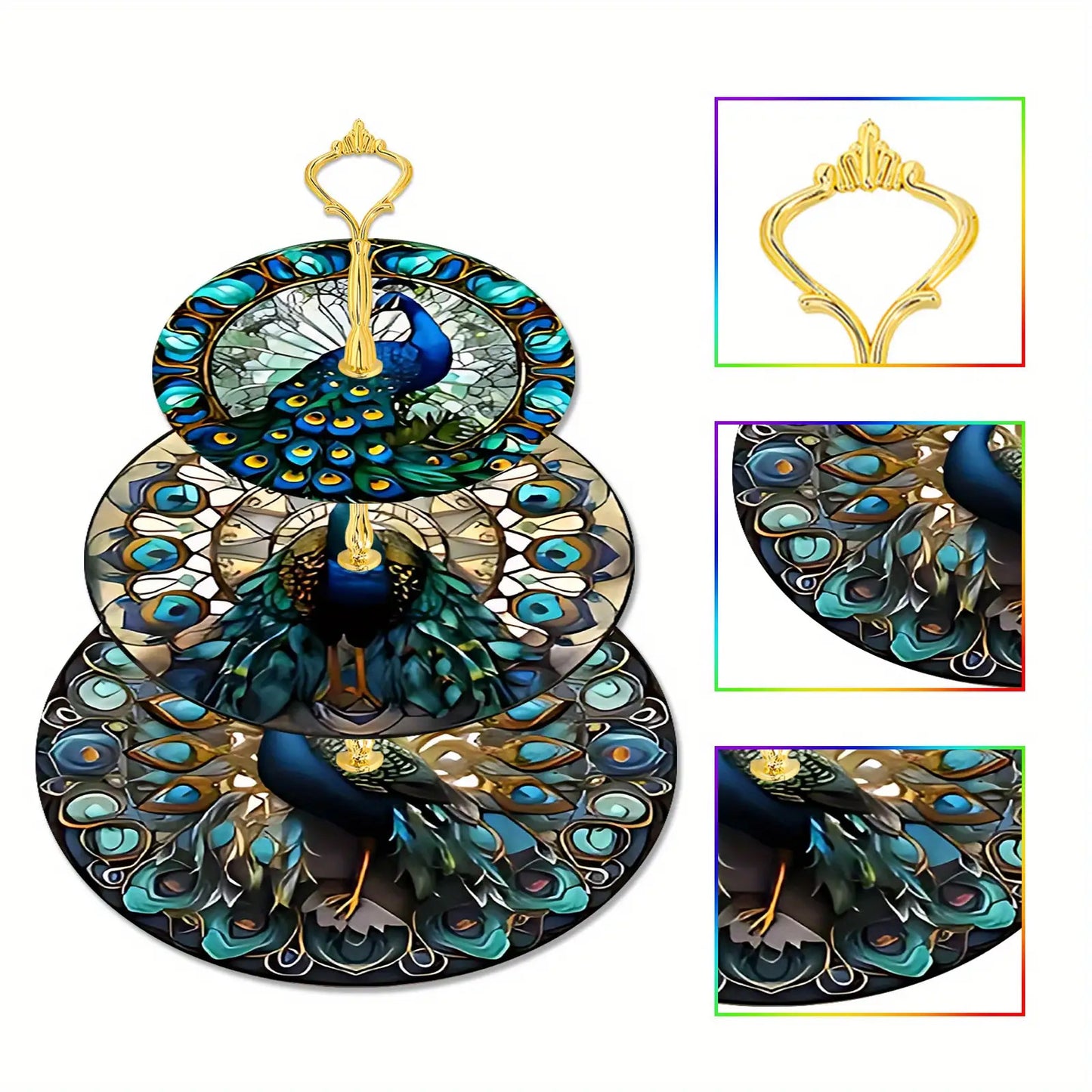 3 Tier Peacock Theme Wooden Display Tray For Weddings