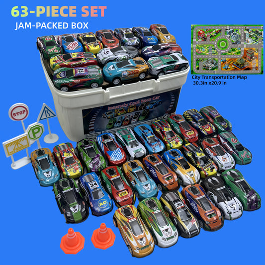 63Pcs Diecast Car Set With Case Foldable Play Mat Pullback