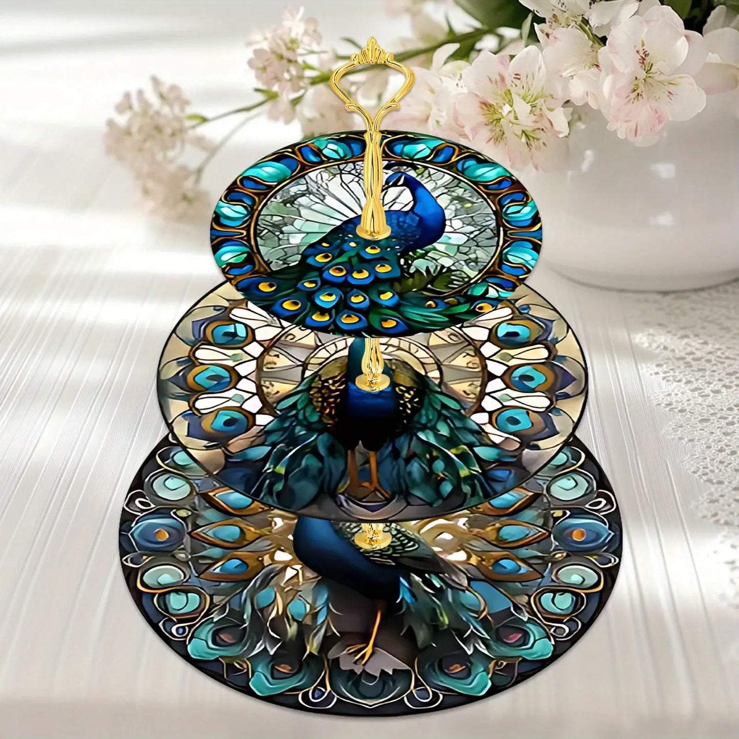 3 Tier Peacock Theme Wooden Display Tray For Weddings