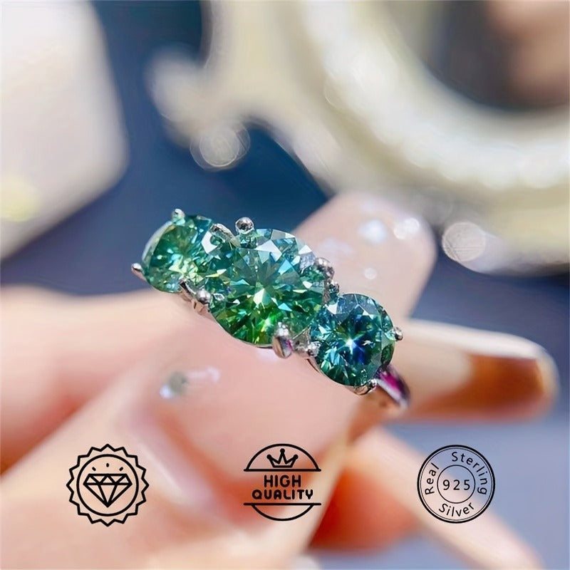 Vintage Moissanite Ring 925 Silver Three Stone Engagement