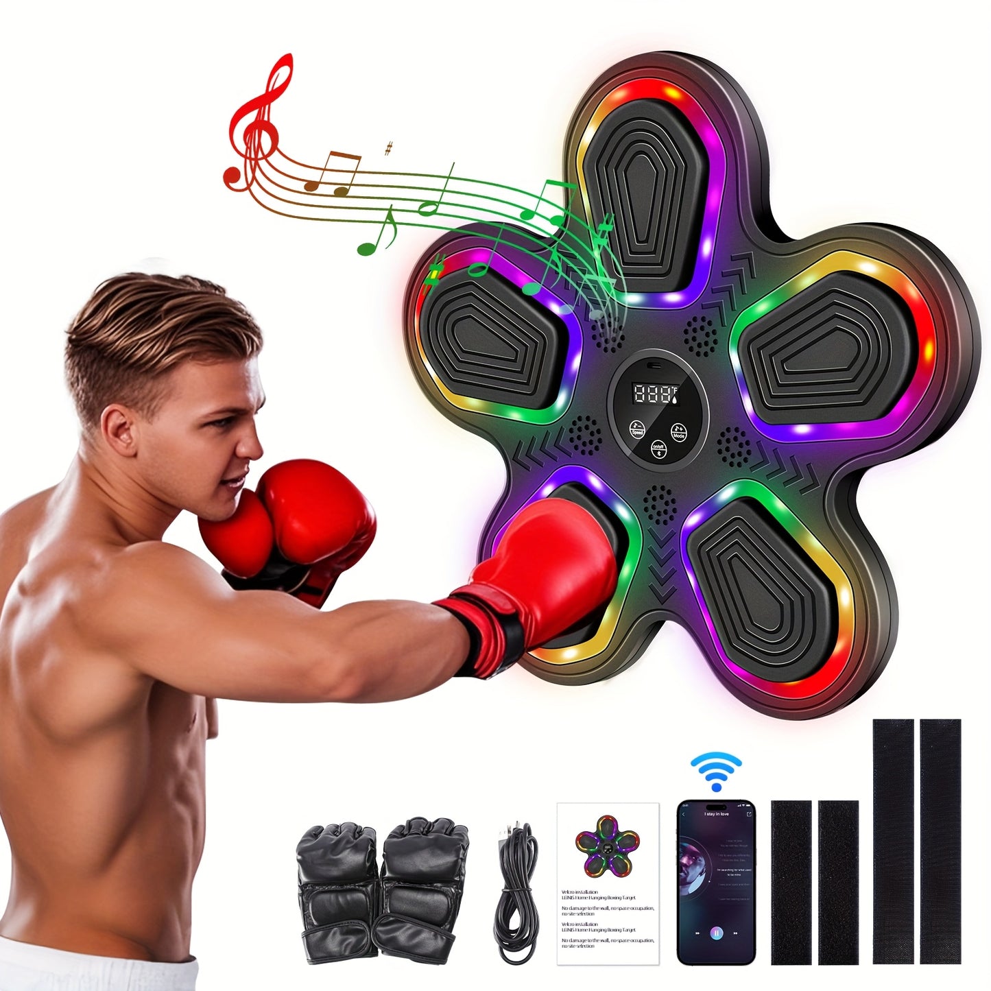 1pc BABONA Wireless Wall Mounted Intelligent Music Boxing Machine With LED Colorful Lights, USB Charging, 3D Sound, Intelligent Boxing Machine With Boxing Gloves, Music Synchronization, LED Counting System, ABS Material, Gift