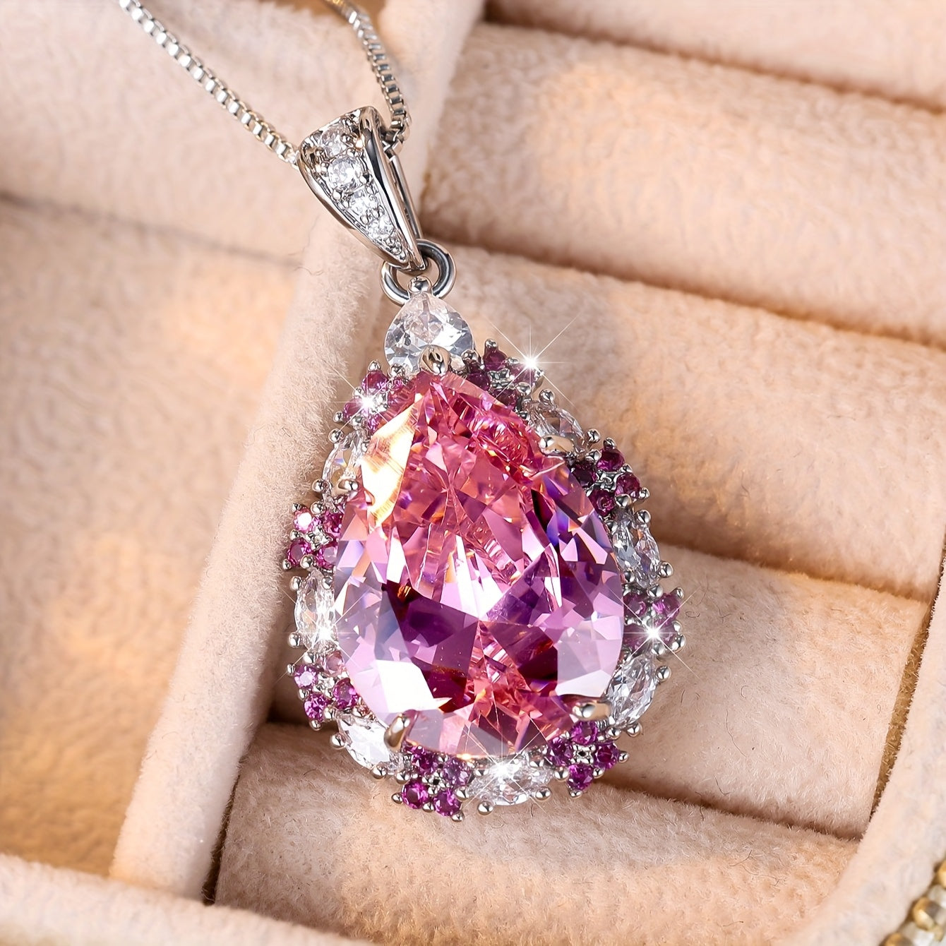 Angol Pink Teardrop Zirconia Pendant Necklace For Women