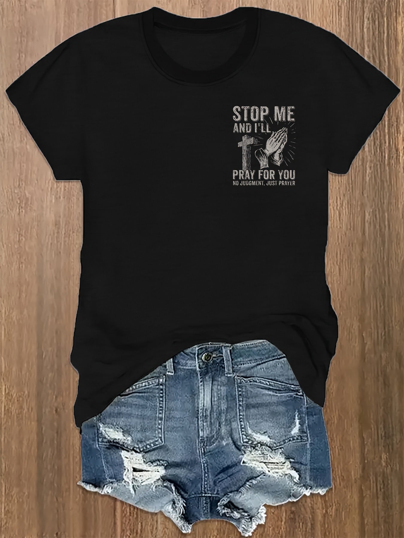 Womens Christian Faith Graphic Tee Cross Prayer Hands