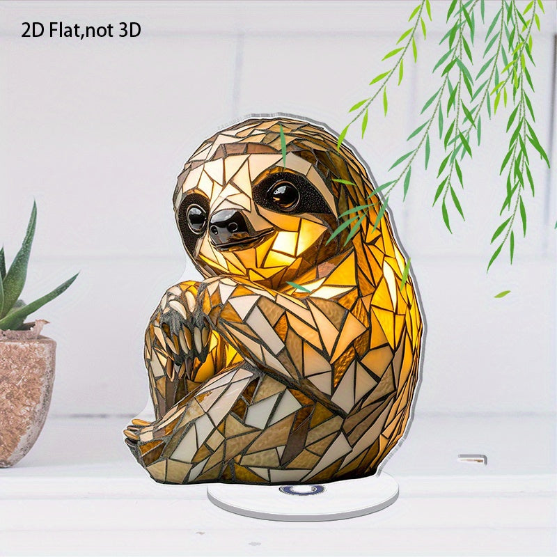 2D Flat Acrylic Tabletop Display Plaque, A Mosaic-Style Sloth-Shaped Table Lamp With Warm Light, Rotatable, With Base