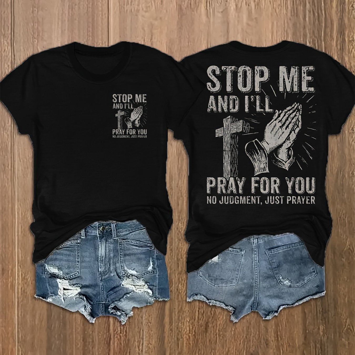 Womens Christian Faith Graphic Tee Cross Prayer Hands