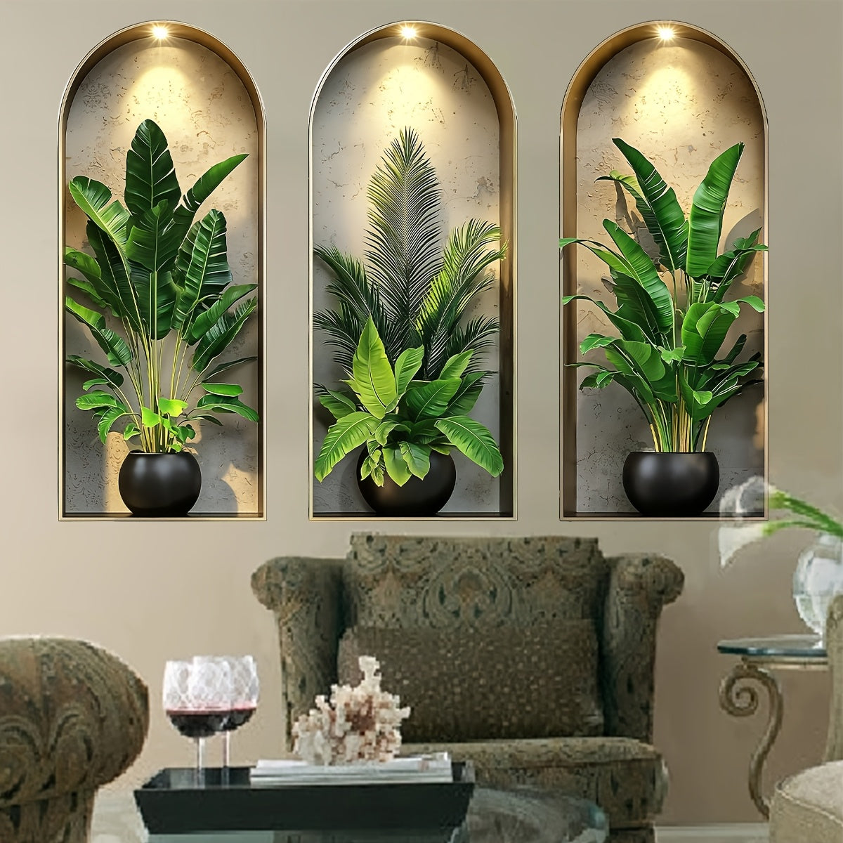 3D Realistic Arched Window Plant Sticker Set Decorative