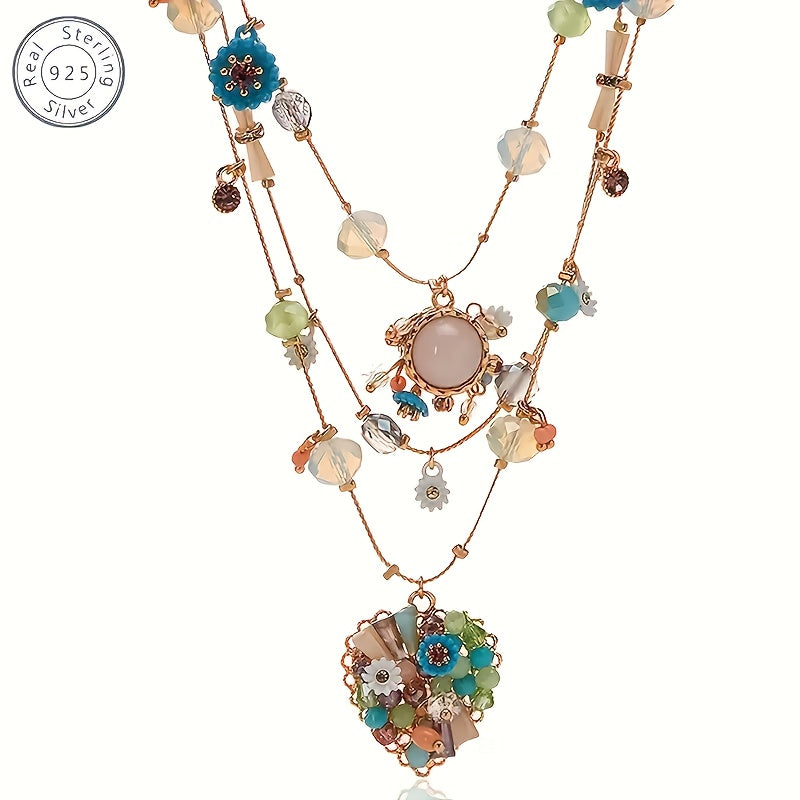 925 Sterling Silver Multi Layer Beaded Necklace With Stones