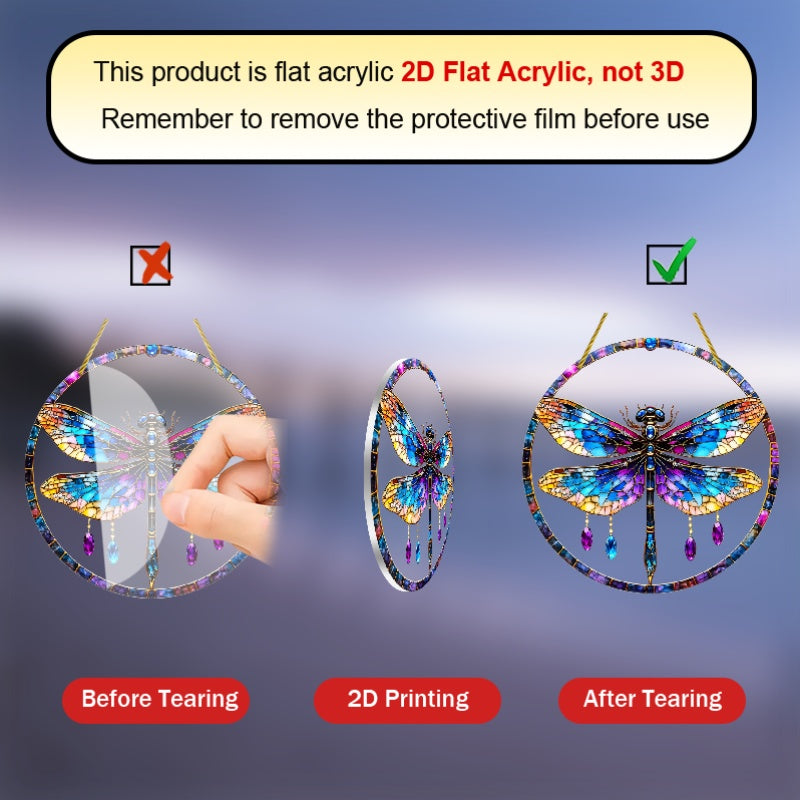 8x8 Inch Plastic Dragonfly Suncatcher Hanging Ornament With Golden Accents