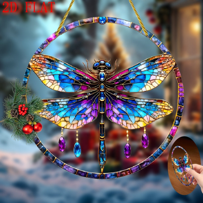 8x8 Inch Plastic Dragonfly Suncatcher Hanging Ornament With Golden Accents