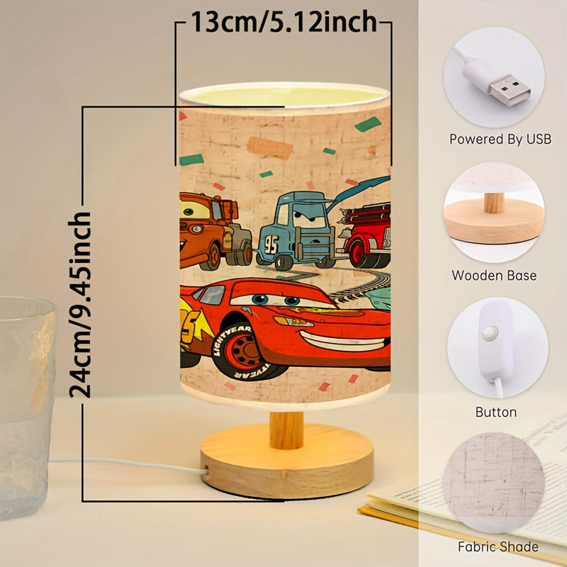 Disney Cars Wooden Base Table Lamp USB Powered Linen Shade